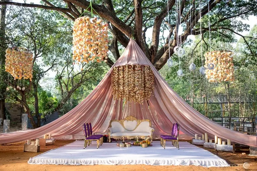 Elegant outdoor wedding setup under a large tree, featuring a pastel pink draped canopy cascading from the branches.