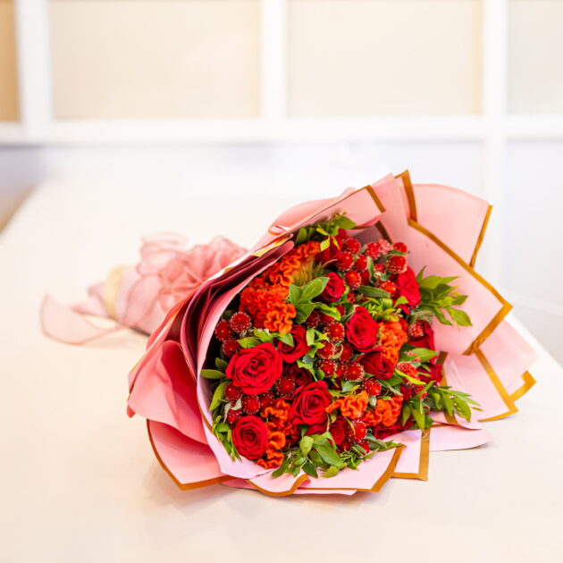 Red Rose Bouquet with Gold Edged Pink Wrapping - Image 4