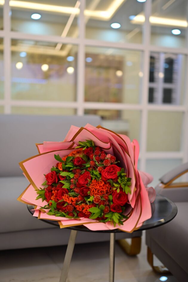 Red Rose Bouquet with Gold Edged Pink Wrapping - Image 2