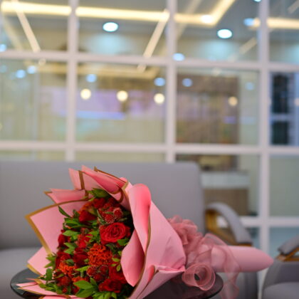 Red Rose Bouquet with Gold Edged Pink Wrapping