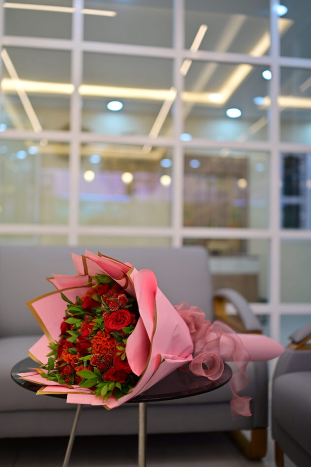 Red Rose Bouquet with Gold Edged Pink Wrapping